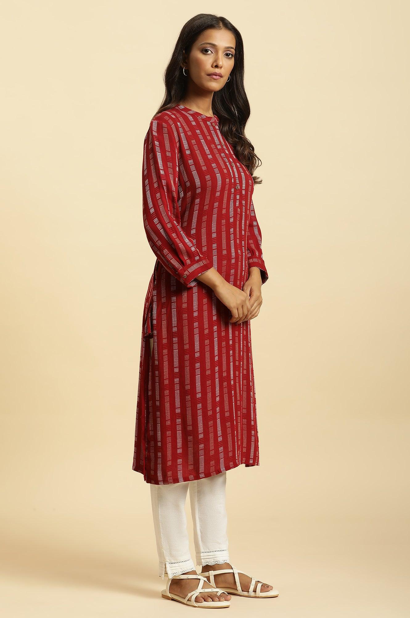 W for Woman Red Printed Mandarin Collar Casual Kurta