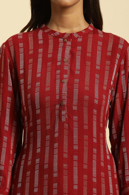 W for Woman Red Printed Mandarin Collar Casual Kurta