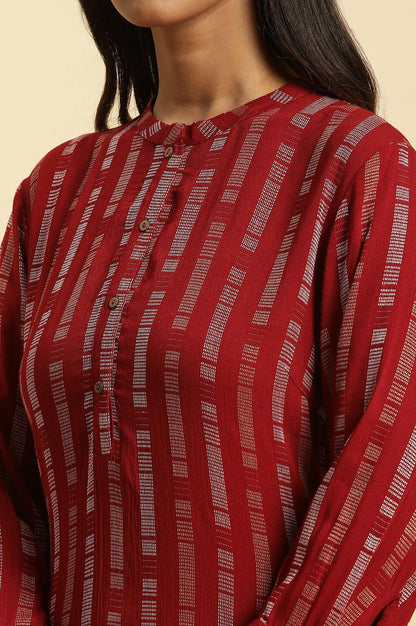 W for Woman Red Printed Mandarin Collar Casual Kurta