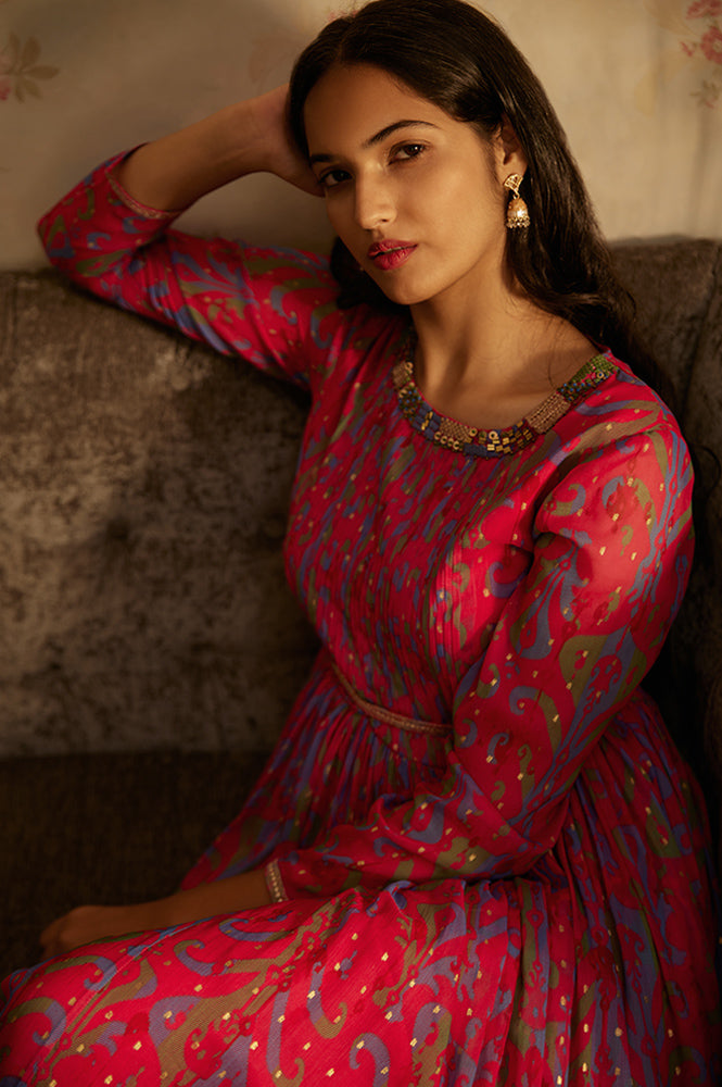 W for Woman Pink Ikkat Printed Embellished Dress