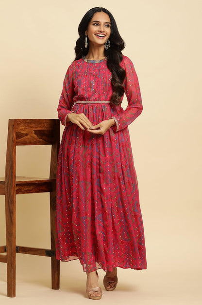 W for Woman Pink Ikkat Printed Embellished Dress