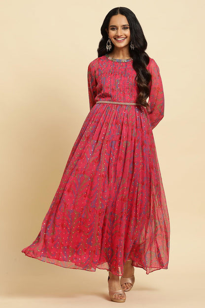 W for Woman Pink Ikkat Printed Embellished Dress