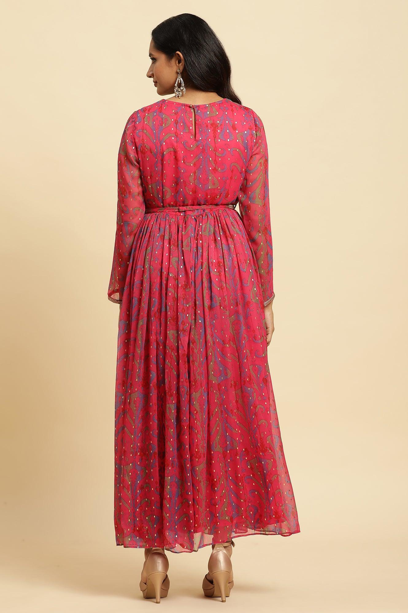 W for Woman Pink Ikkat Printed Embellished Dress