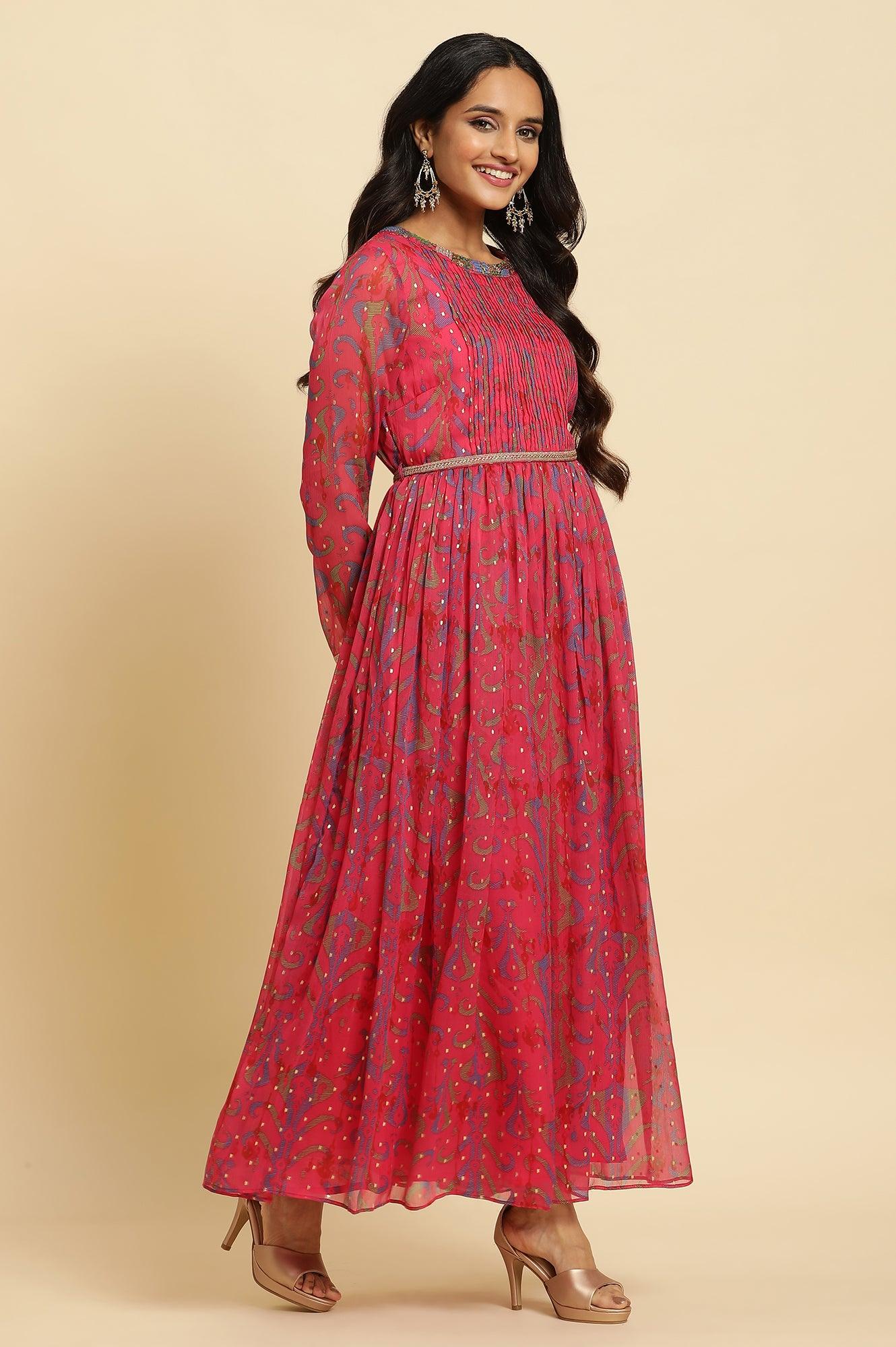 W for Woman Pink Ikkat Printed Embellished Dress