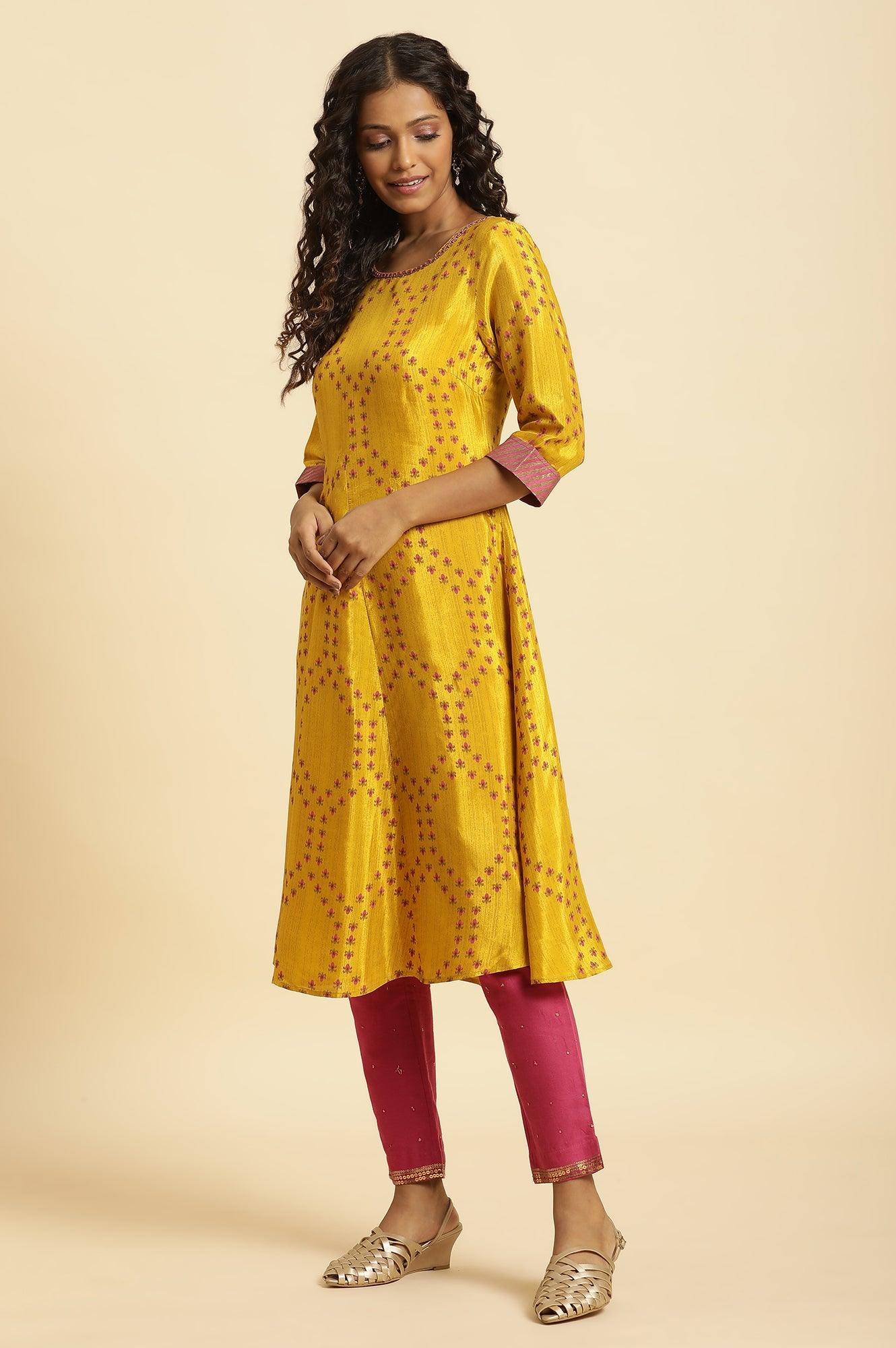 W for Woman Yellow Geometric Printed A-Line Kurta