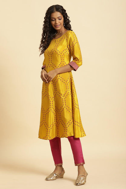 W for Woman Yellow Geometric Printed A-Line Kurta