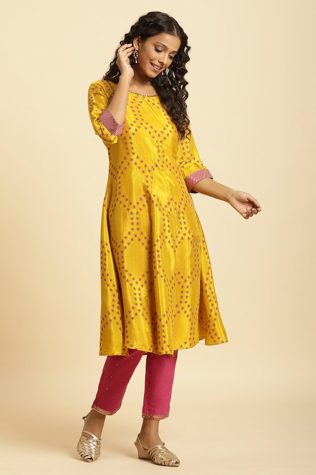 W for Woman Yellow Geometric Printed A-Line Kurta