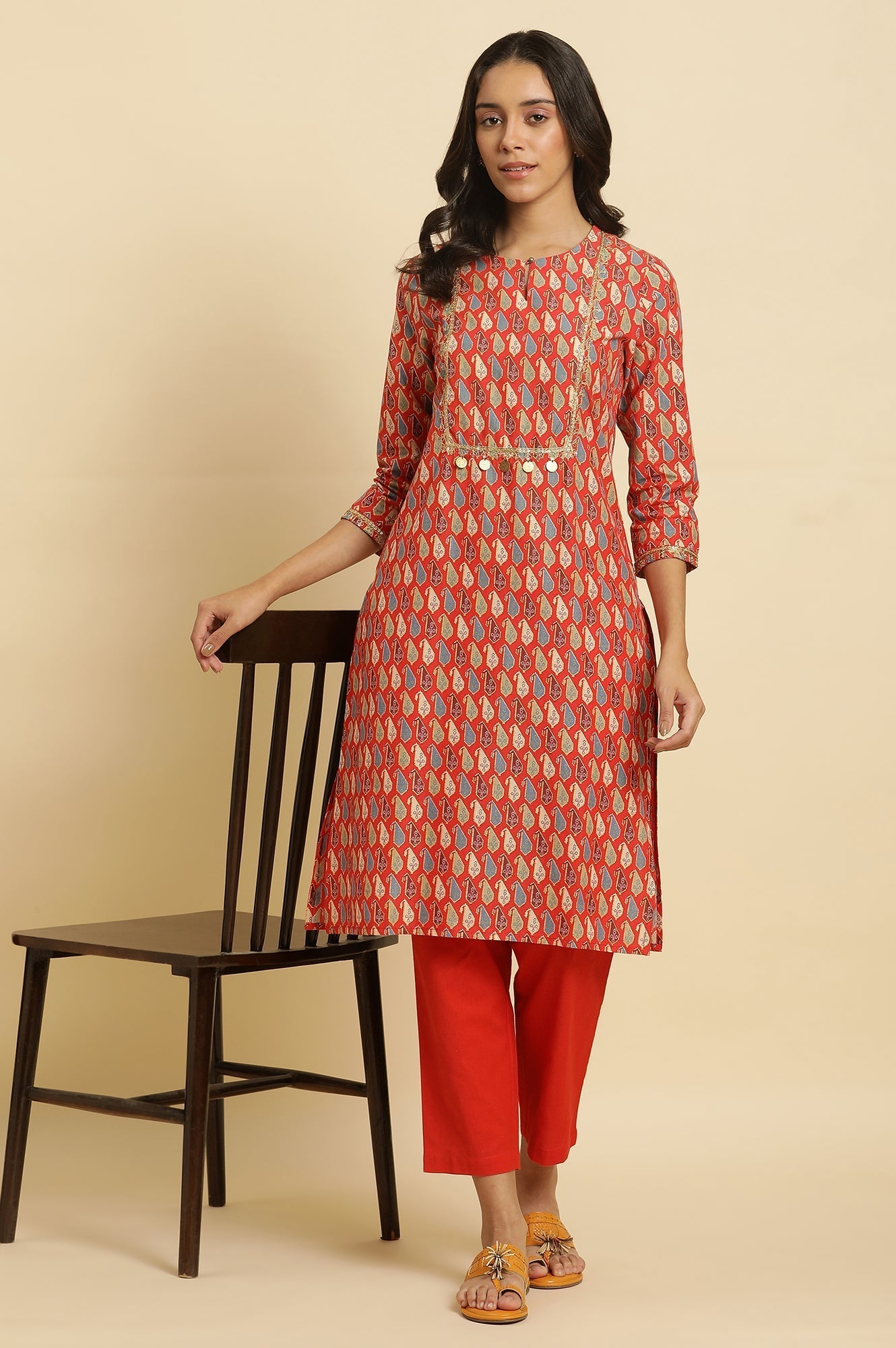 W for Woman Orange Chunki Dori Embroidered Kurta