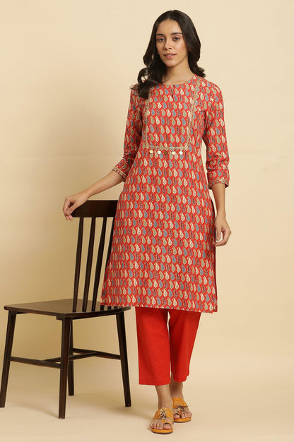 W for Woman Orange Chunki Dori Embroidered Straight Kurta