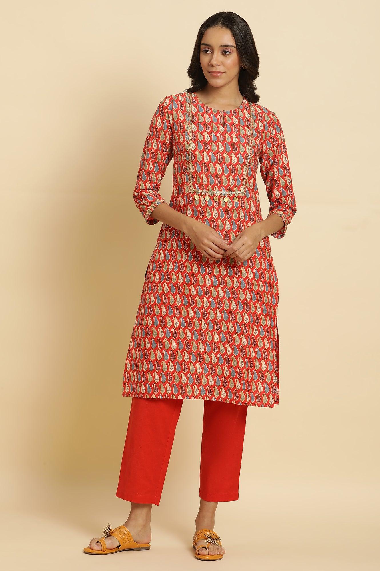 W for Woman Orange Chunki Dori Embroidered Straight Kurta
