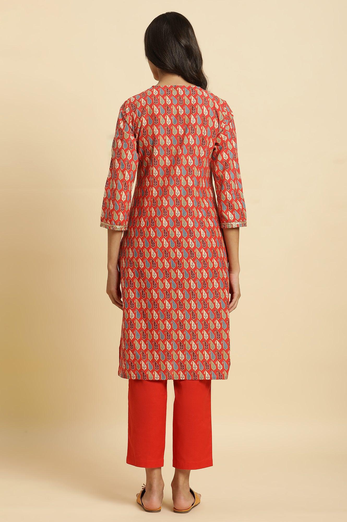 W for Woman Orange Chunki Dori Embroidered Straight Kurta