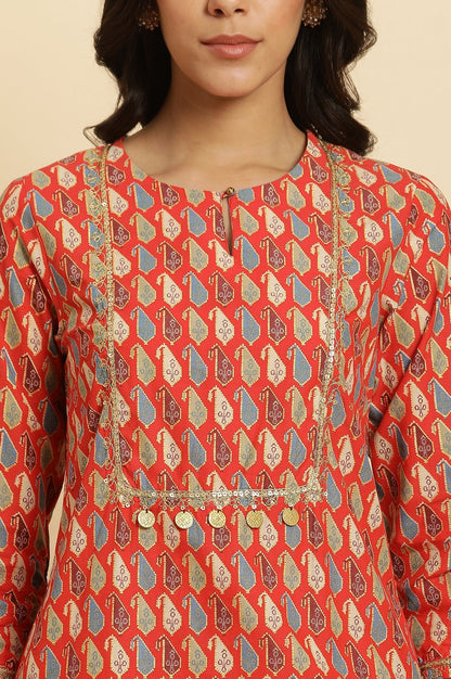 W for Woman Orange Chunki Dori Embroidered Kurta