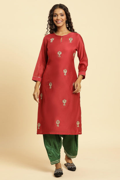 W for Woman Red Chanderi Straight Kurta With Dori Embroidery