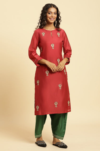 W for Woman Red Solid Embroidered Dori Straight Chanderi Kurta