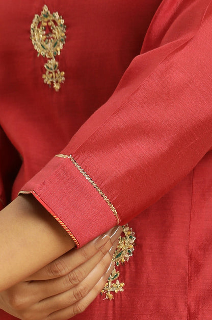 W for Woman Red Solid Embroidered Dori Straight Chanderi Kurta