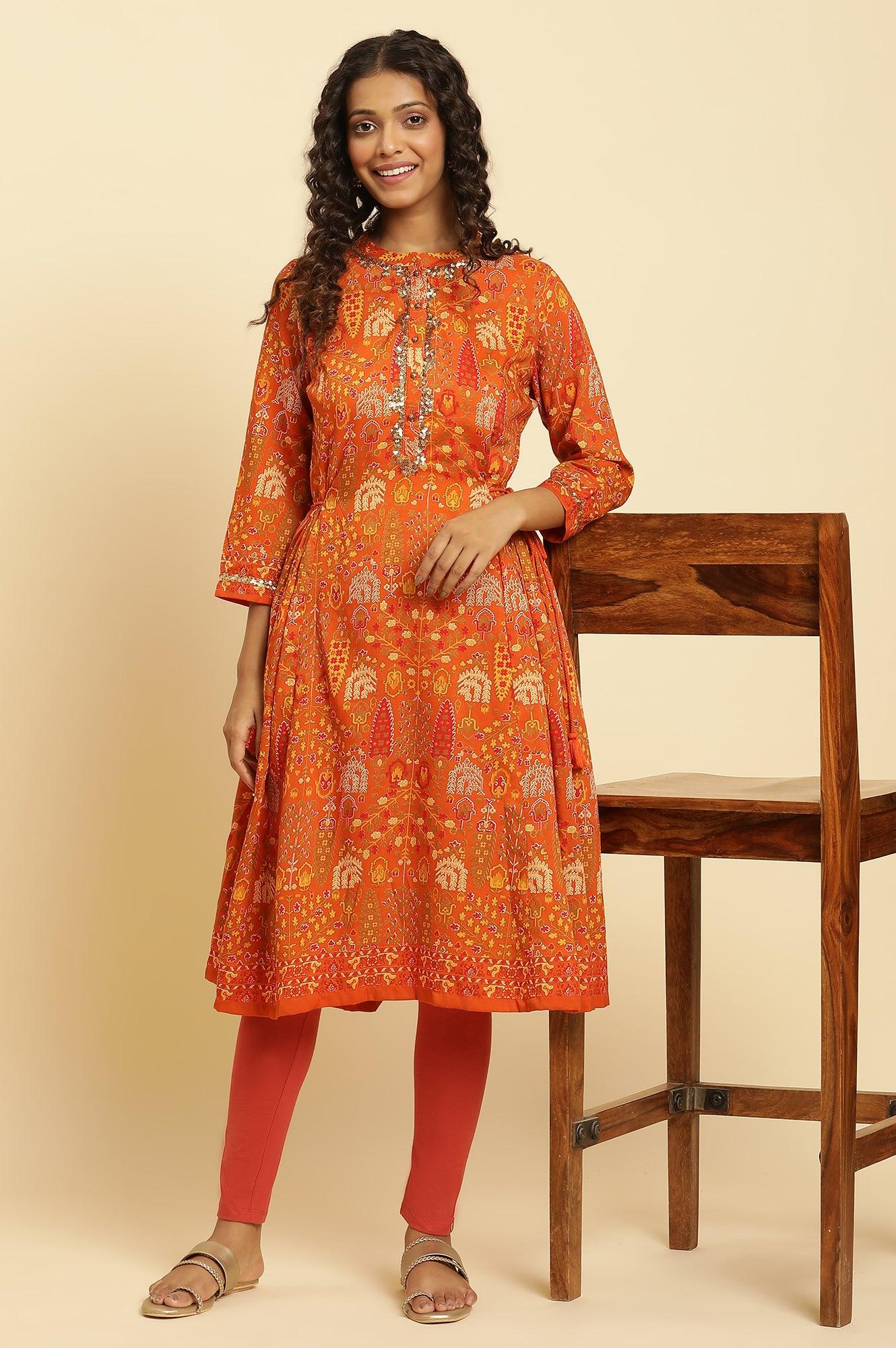 W for Woman Orange Printed Festive A-Line Kurta