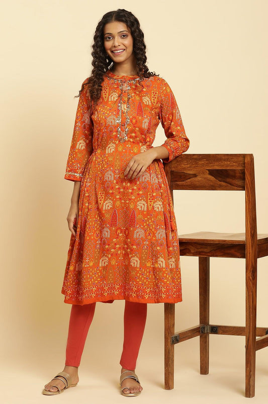W for Woman Orange Printed Festive A-Line Kurta