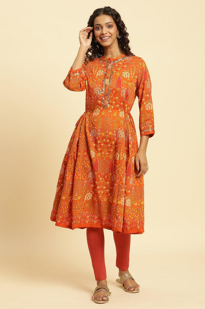 W for Woman Orange Printed Festive A-Line Kurta