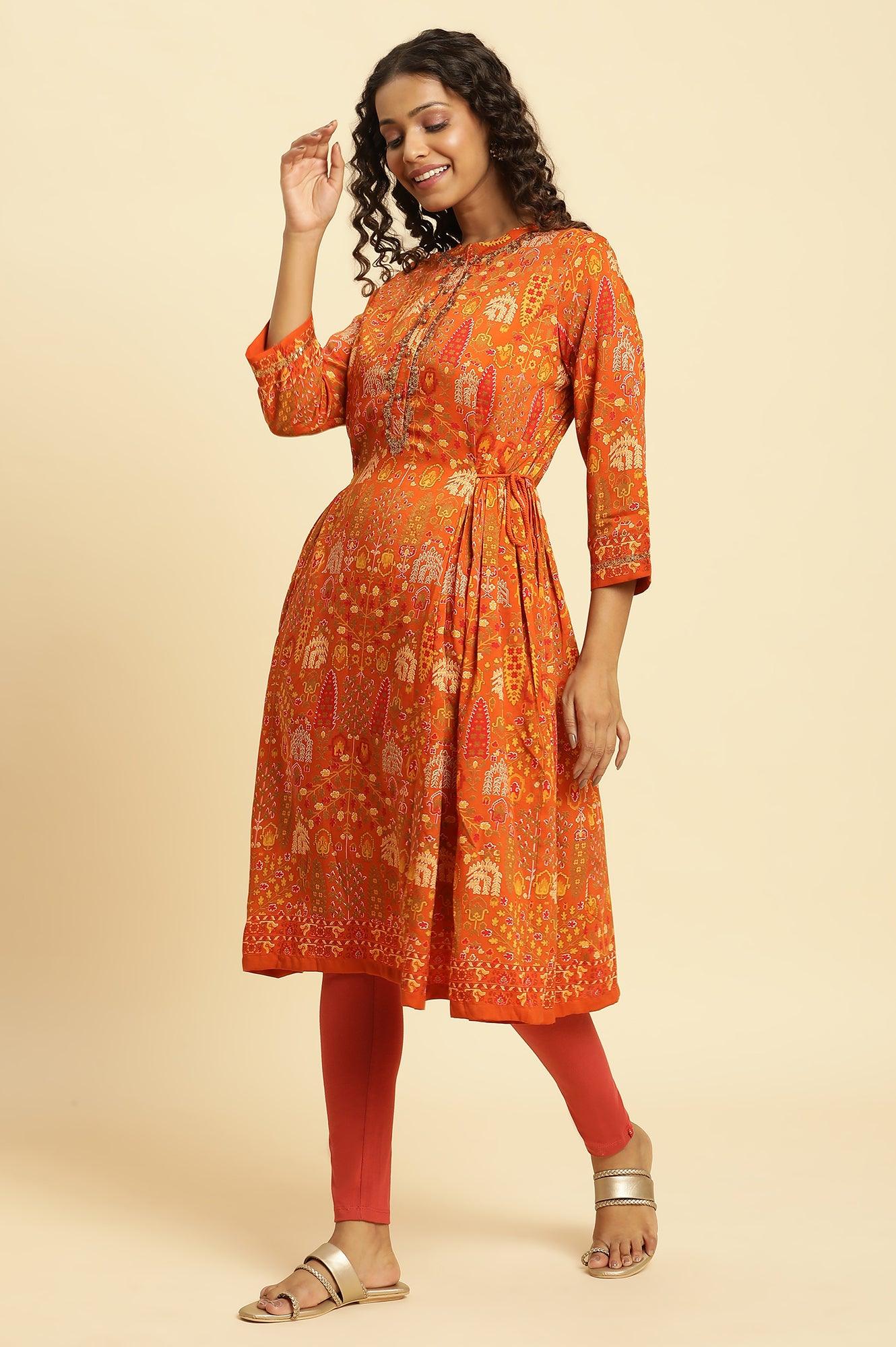 W for Woman Orange Printed Festive A-Line Kurta