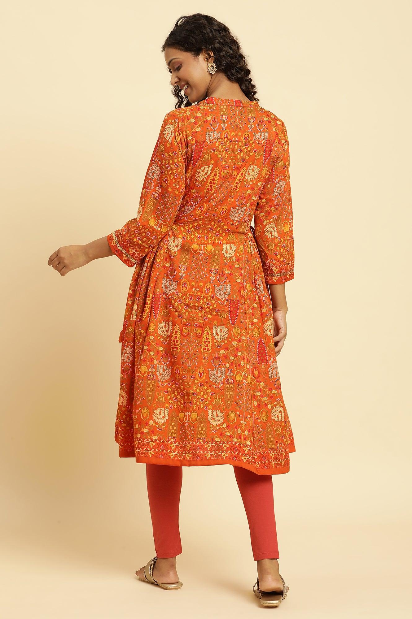 W for Woman Orange Printed Festive A-Line Kurta