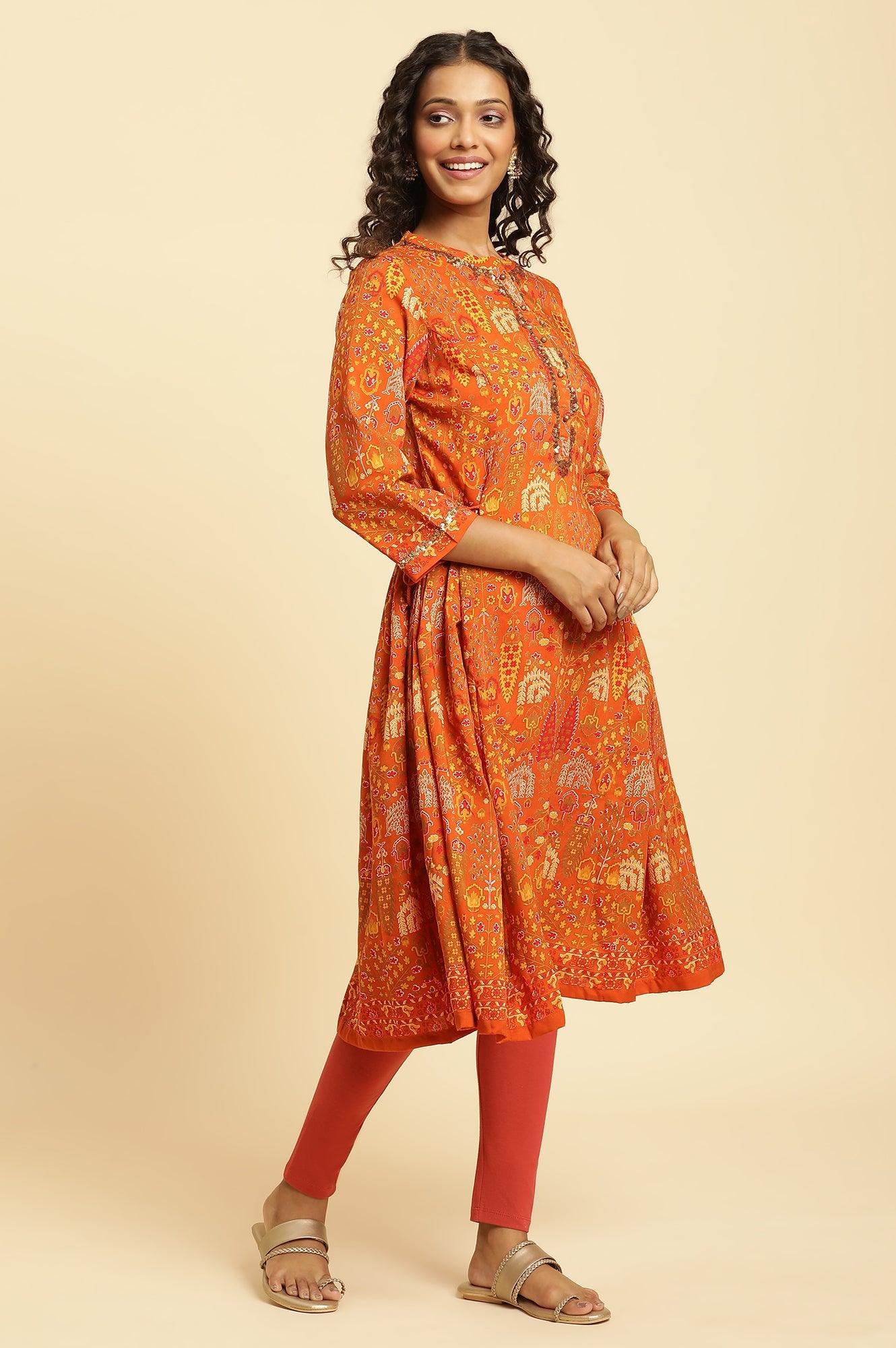 W for Woman Orange Printed Festive A-Line Kurta