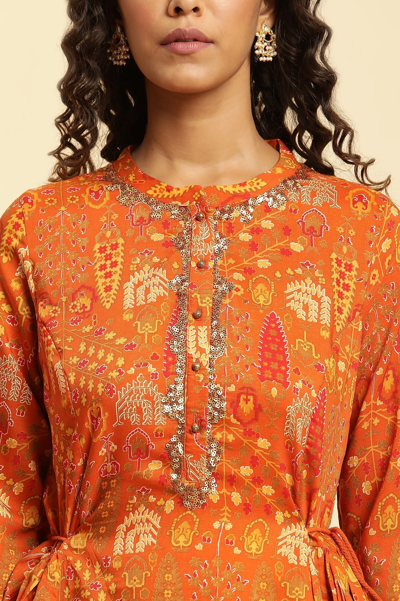 W for Woman Orange Floral Printed Sequins A-Line Kurta and Parallel Pant Set