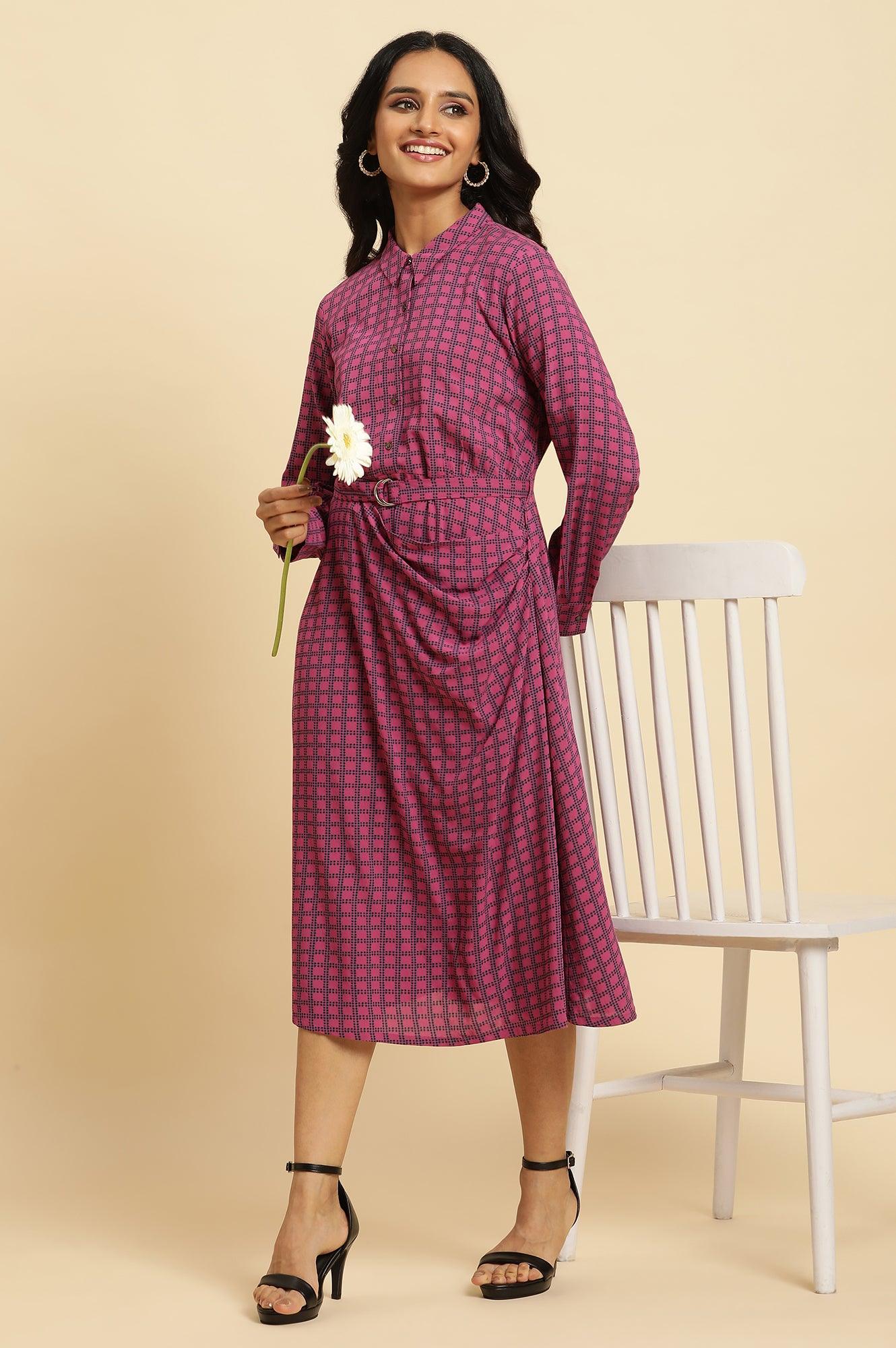 W for Woman Pink Geometric Printed Mock Wrap Dress