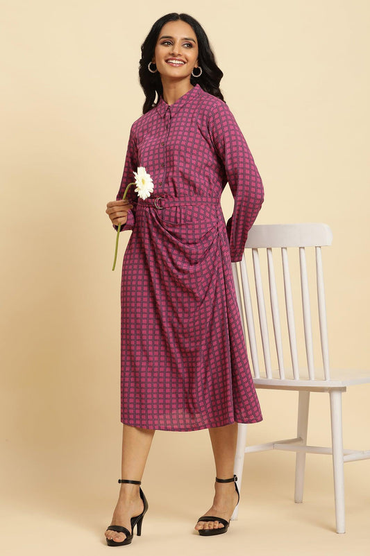 W for Woman Pink Geometric Printed Mock Wrap Dress