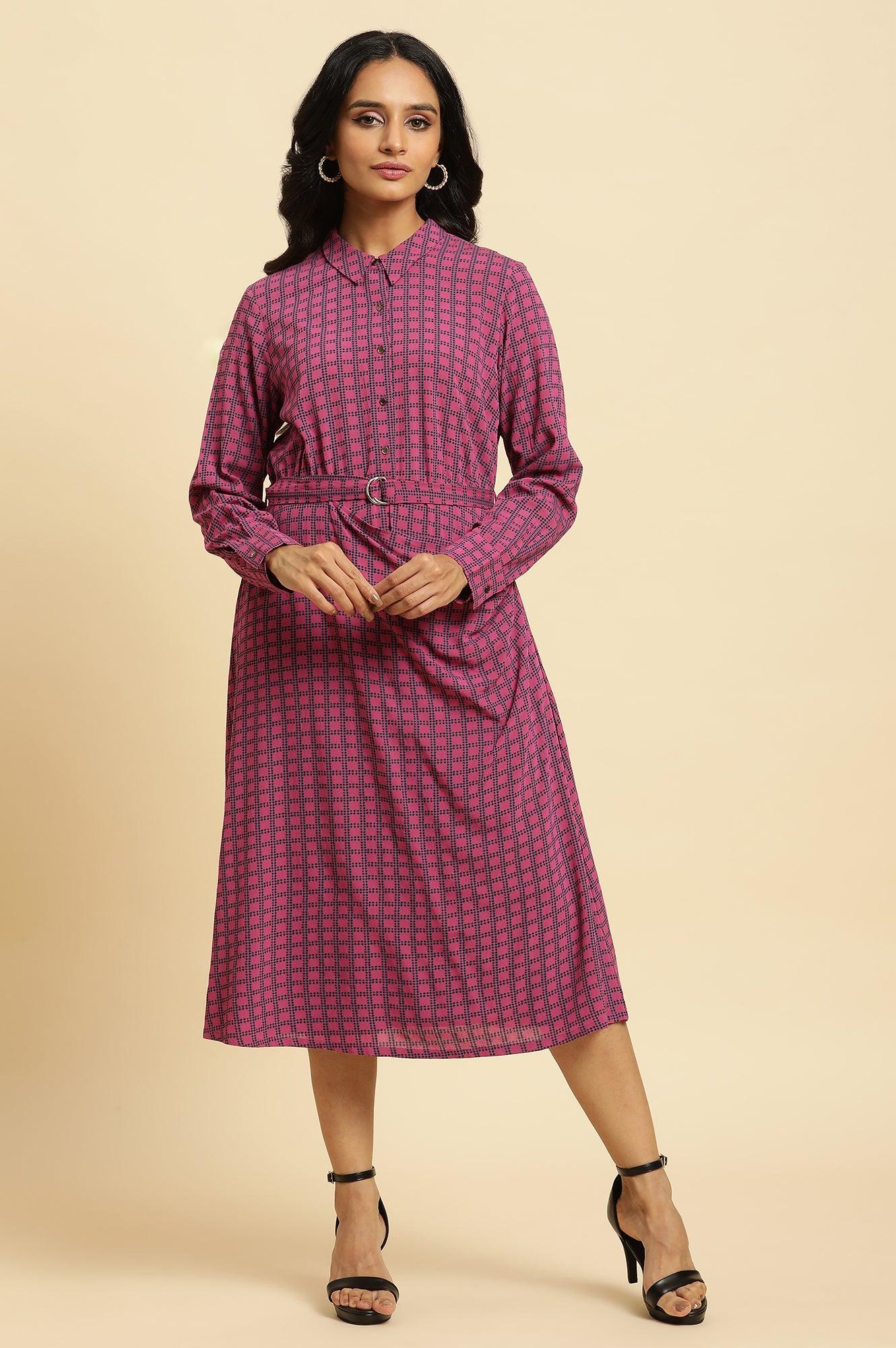 W for Woman Pink Geometric Printed Mock Wrap Dress
