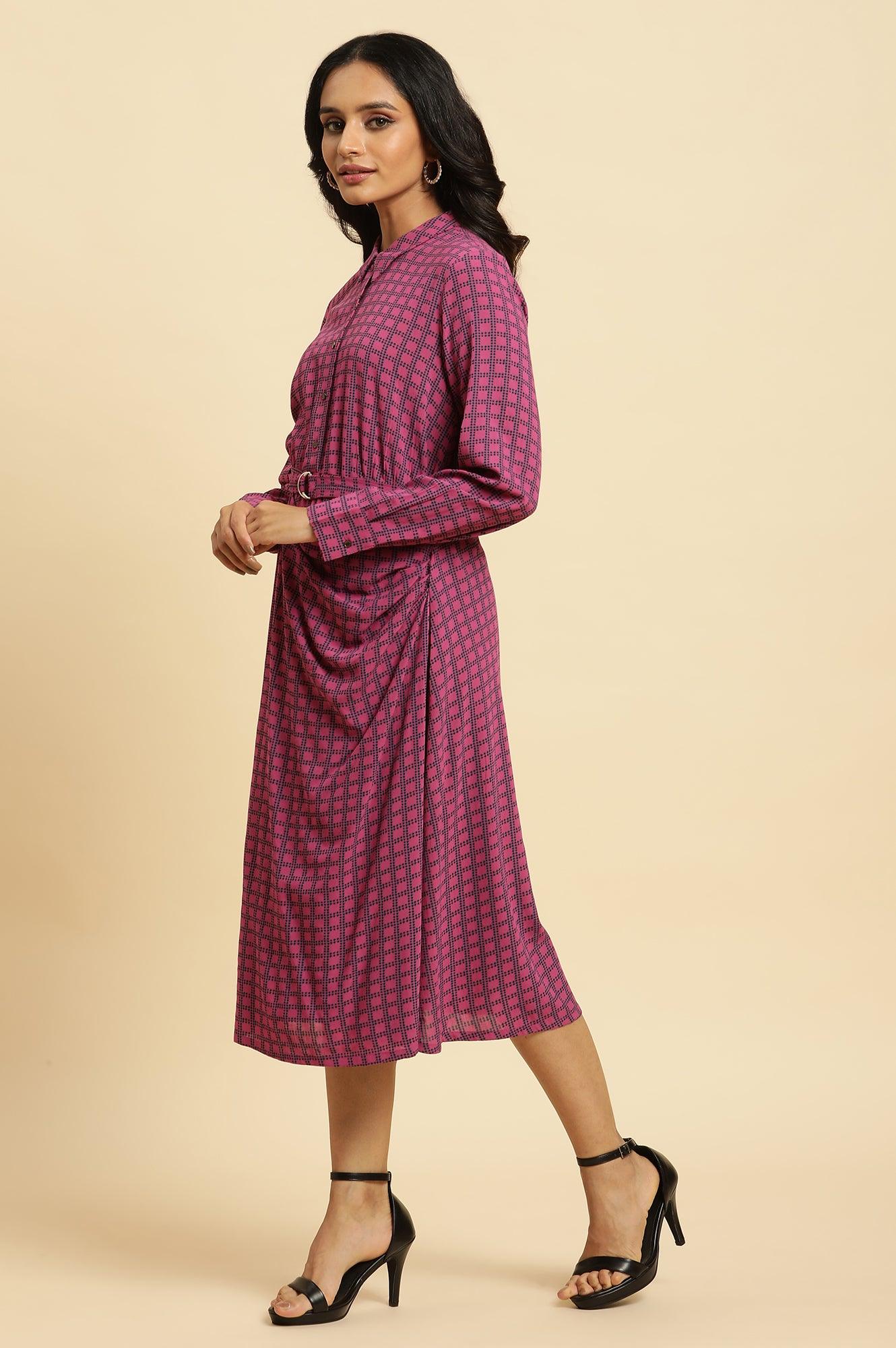 W for Woman Pink Geometric Printed Mock Wrap Dress