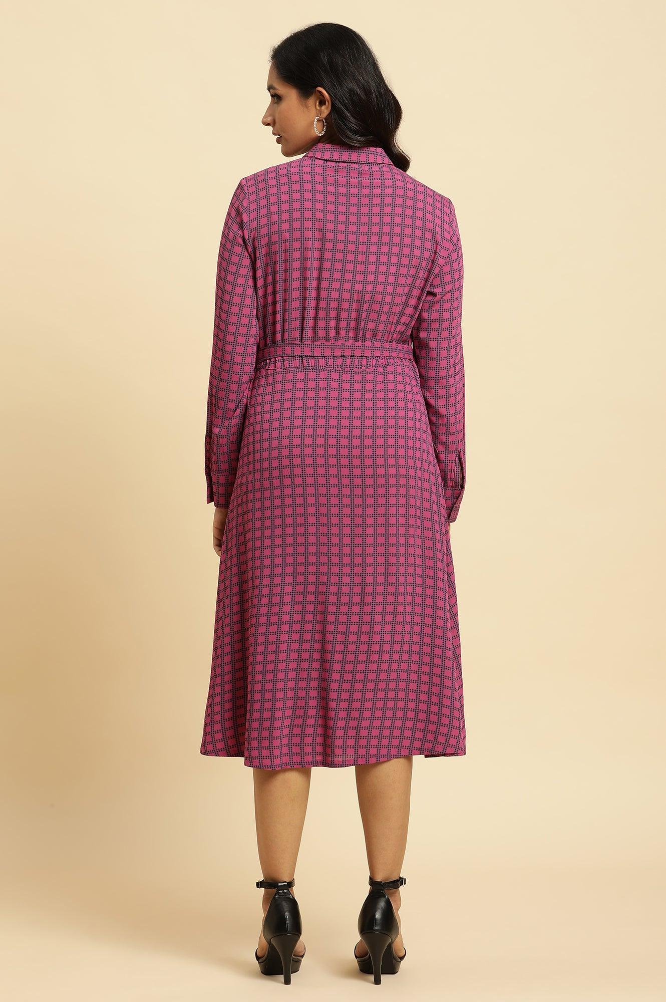 W for Woman Pink Geometric Printed Mock Wrap Dress