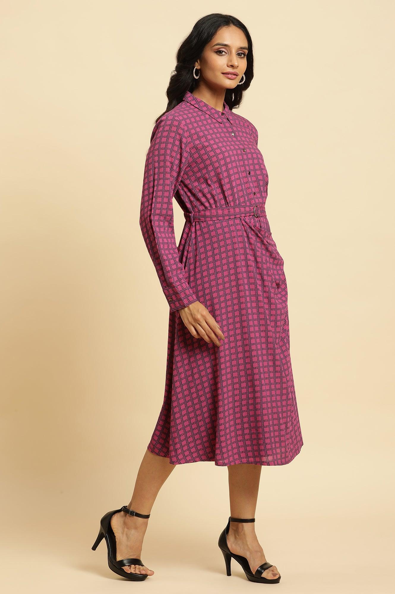 W for Woman Pink Geometric Printed Mock Wrap Dress