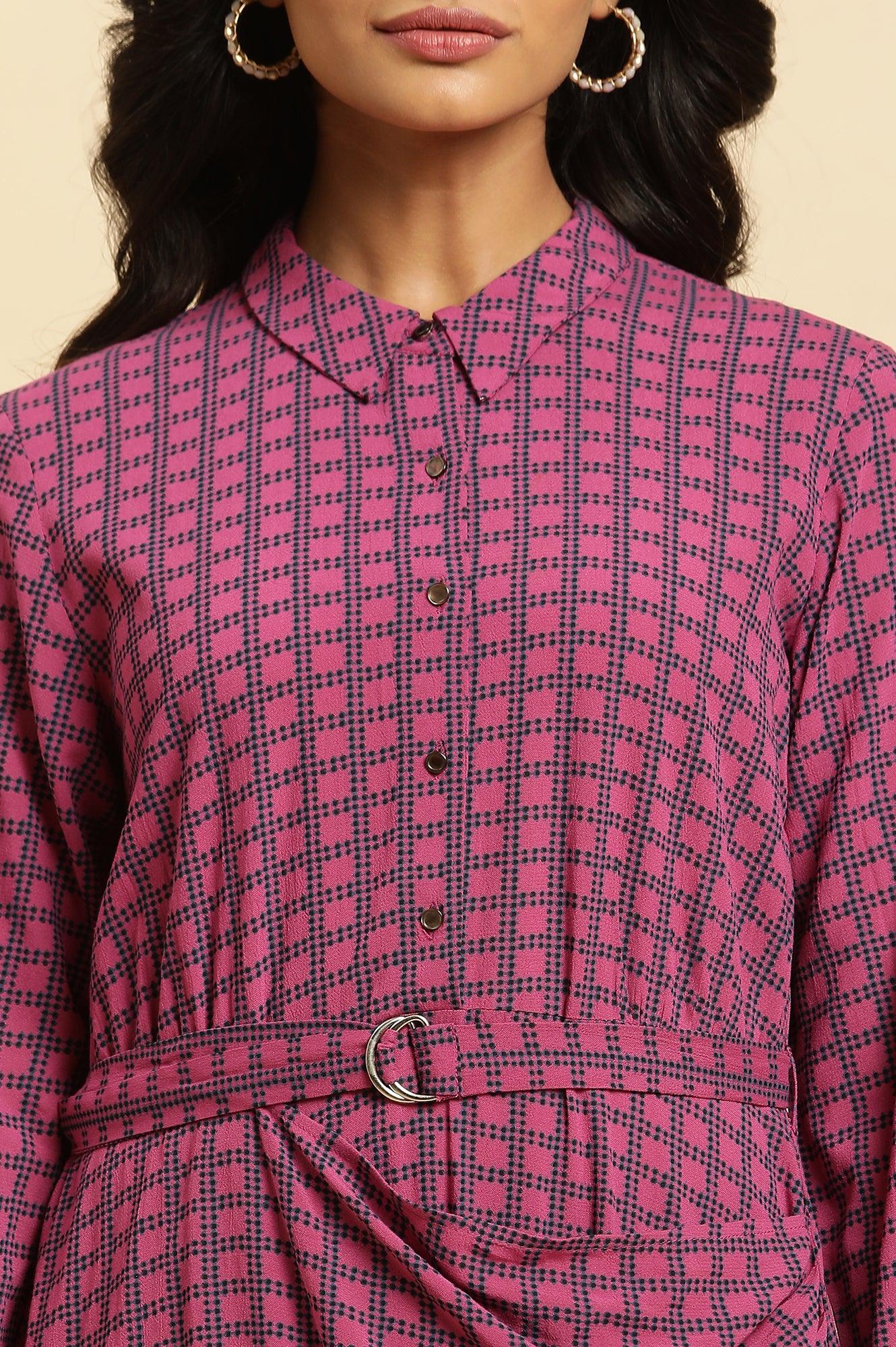W for Woman Pink Geometric Printed Mock Wrap Dress