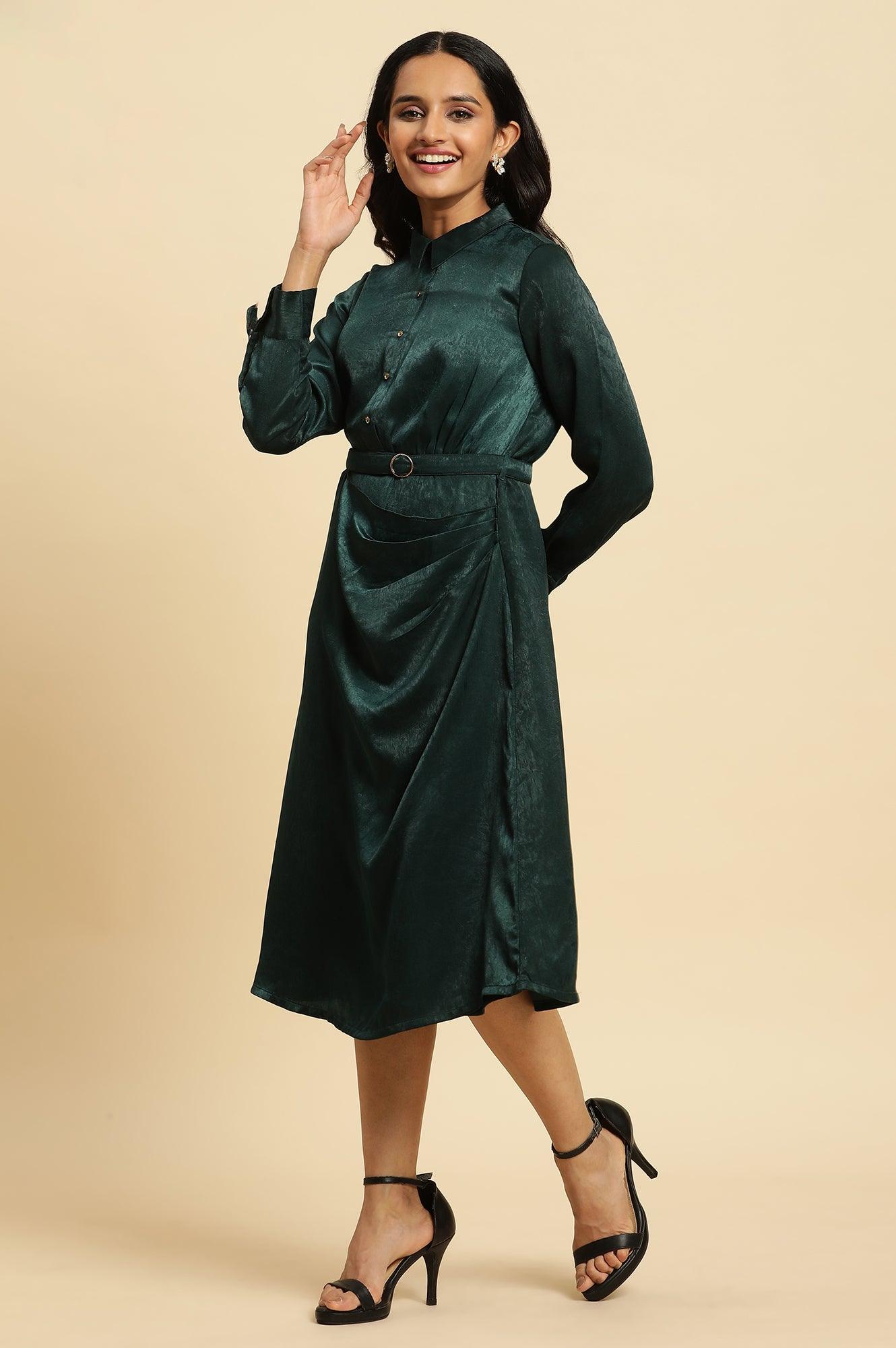 W for Woman Green Geometric Printed Mock Wrap Dress