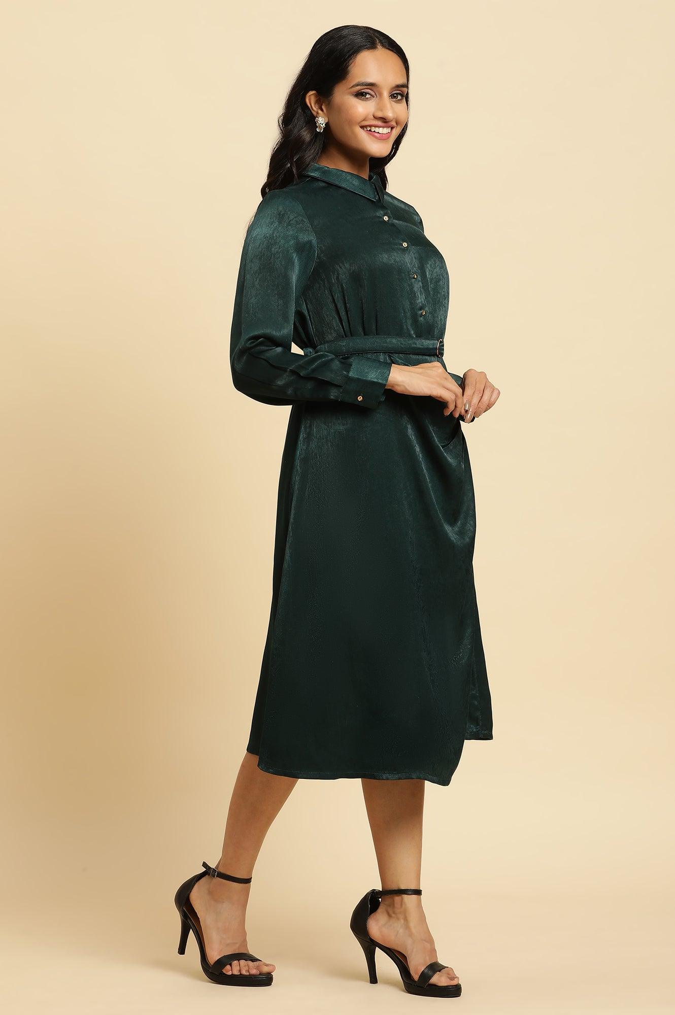 W for Woman Green Geometric Printed Mock Wrap Dress