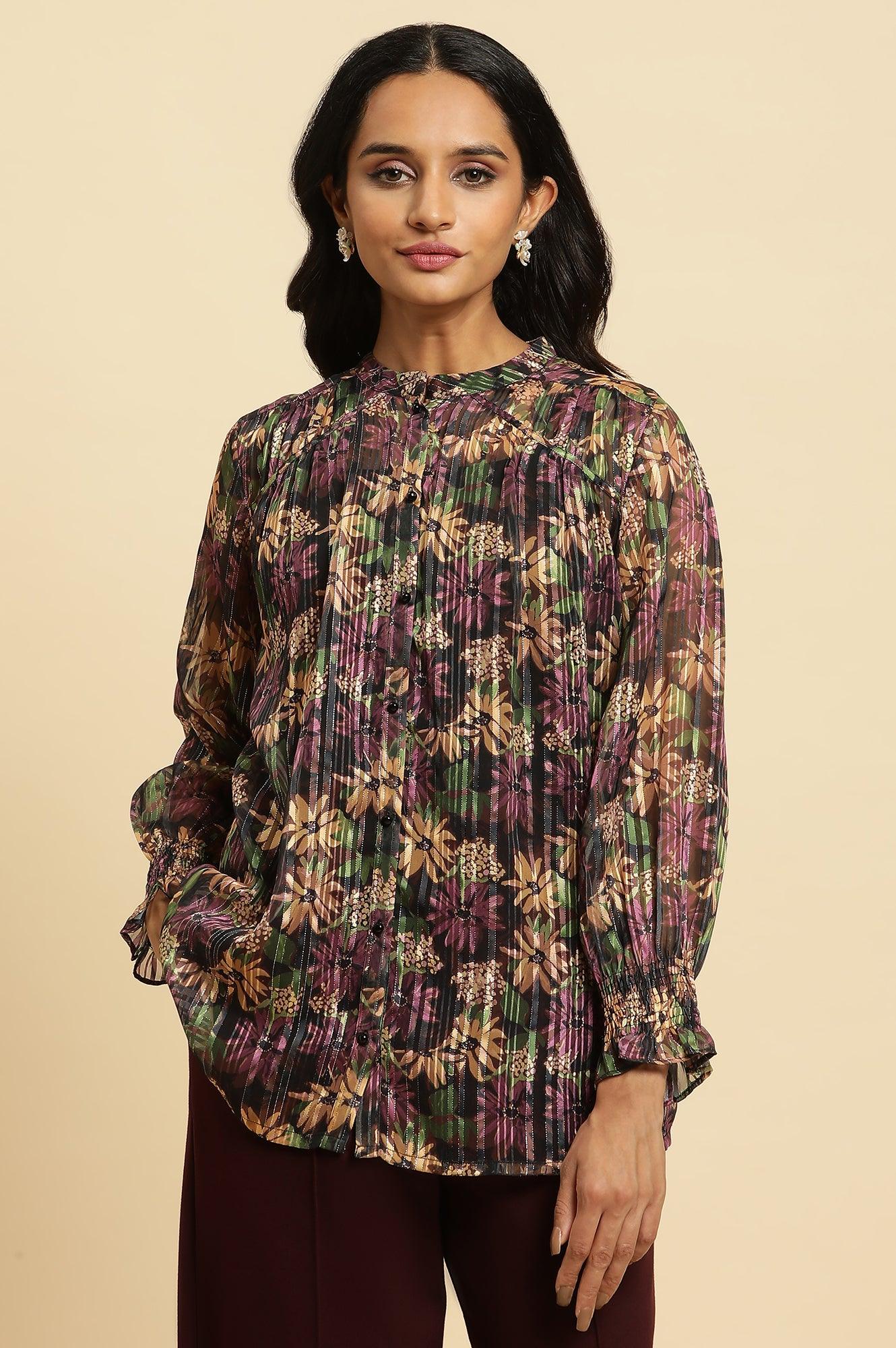 W for Woman Purple Floral Printed Chiffon Lurex Top