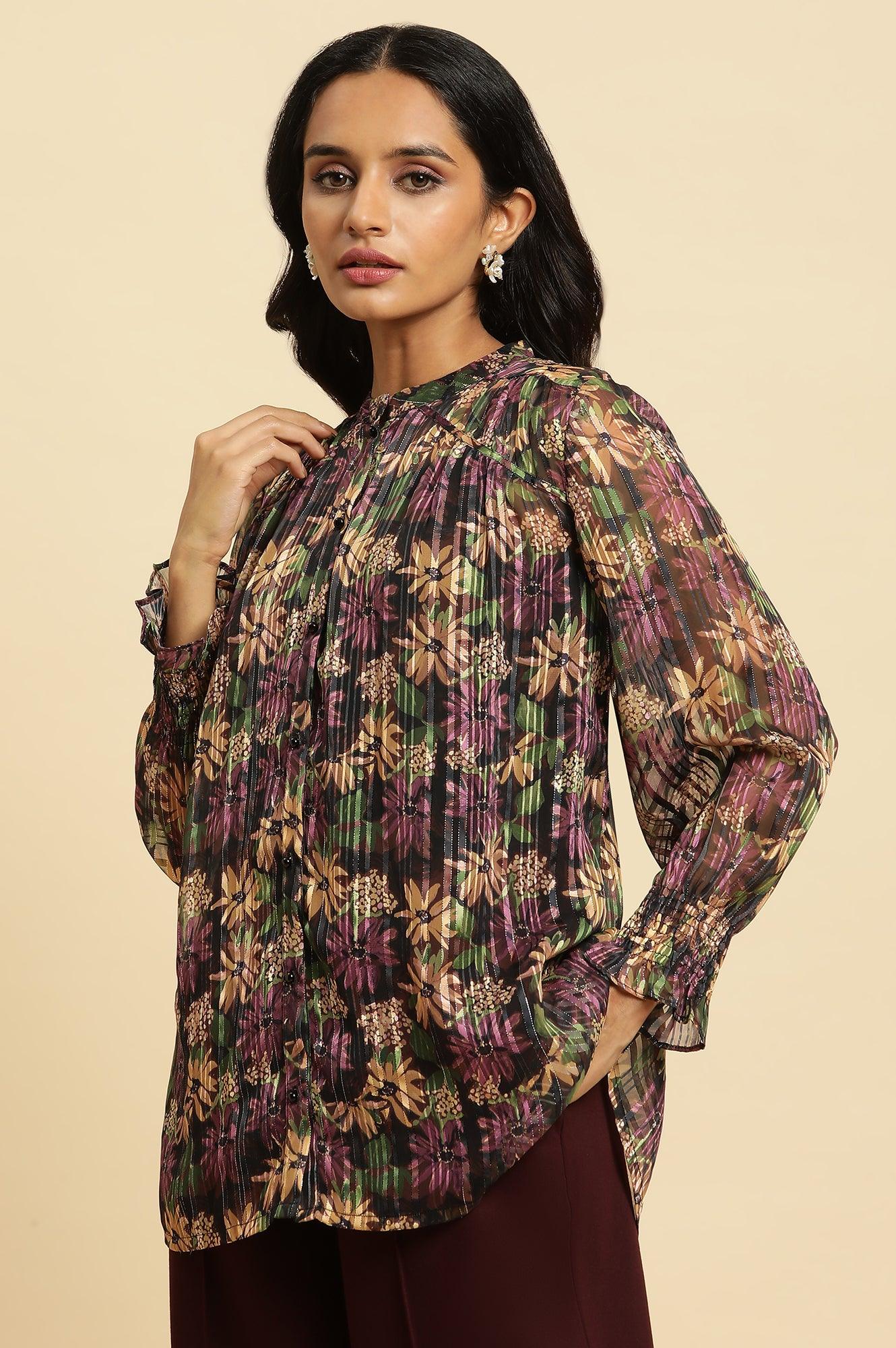 W for Woman Purple Floral Printed Chiffon Lurex Top