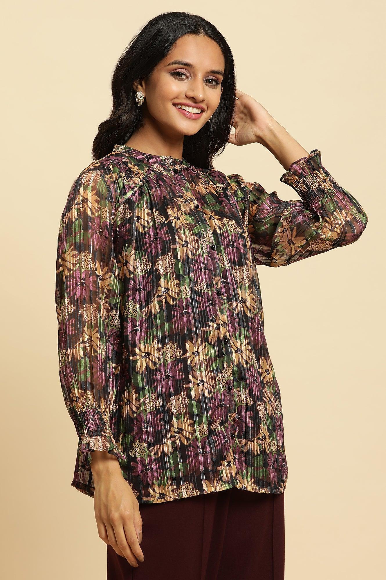 W for Woman Purple Floral Printed Chiffon Lurex Top