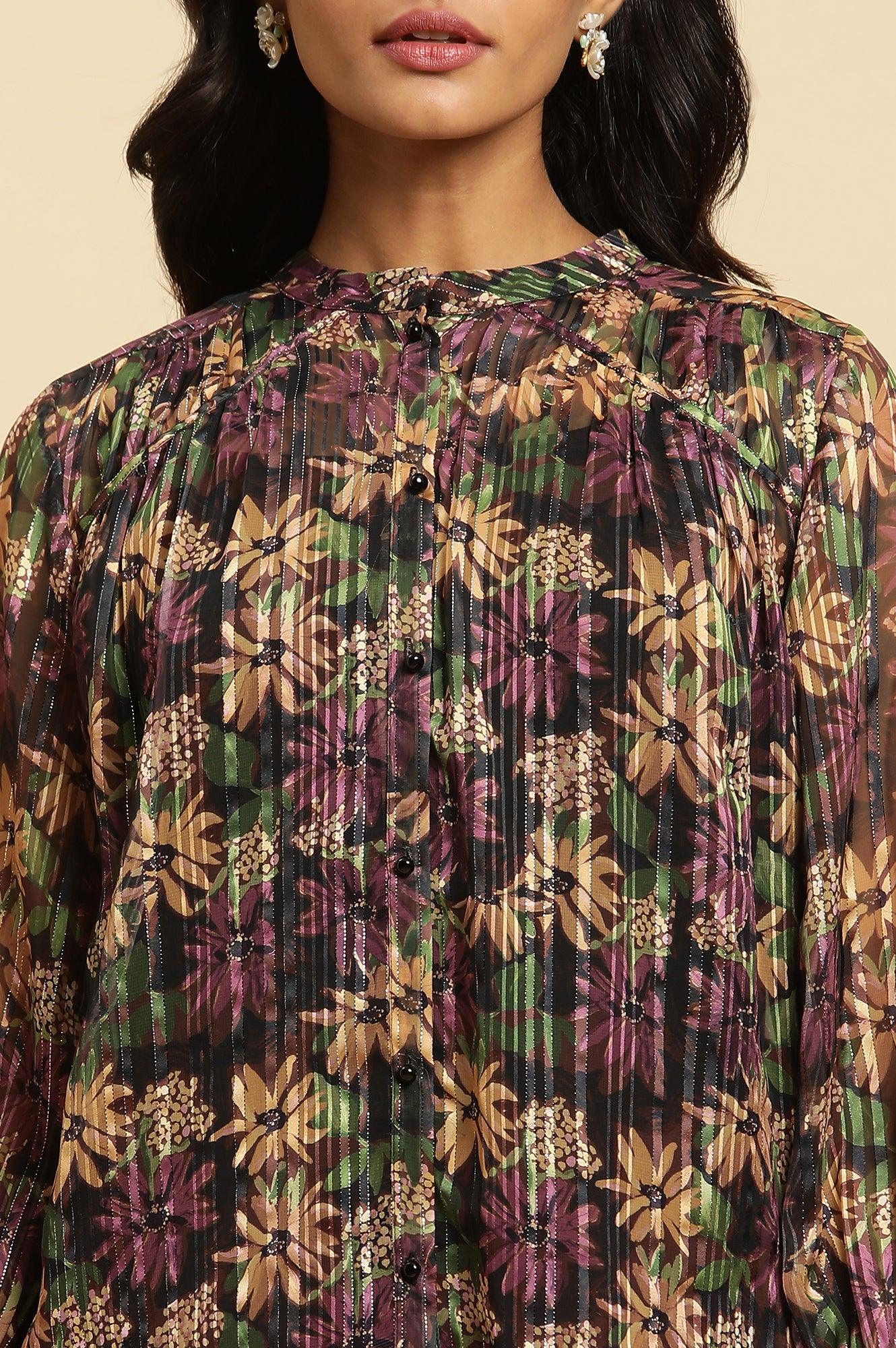 W for Woman Purple Floral Printed Chiffon Lurex Top