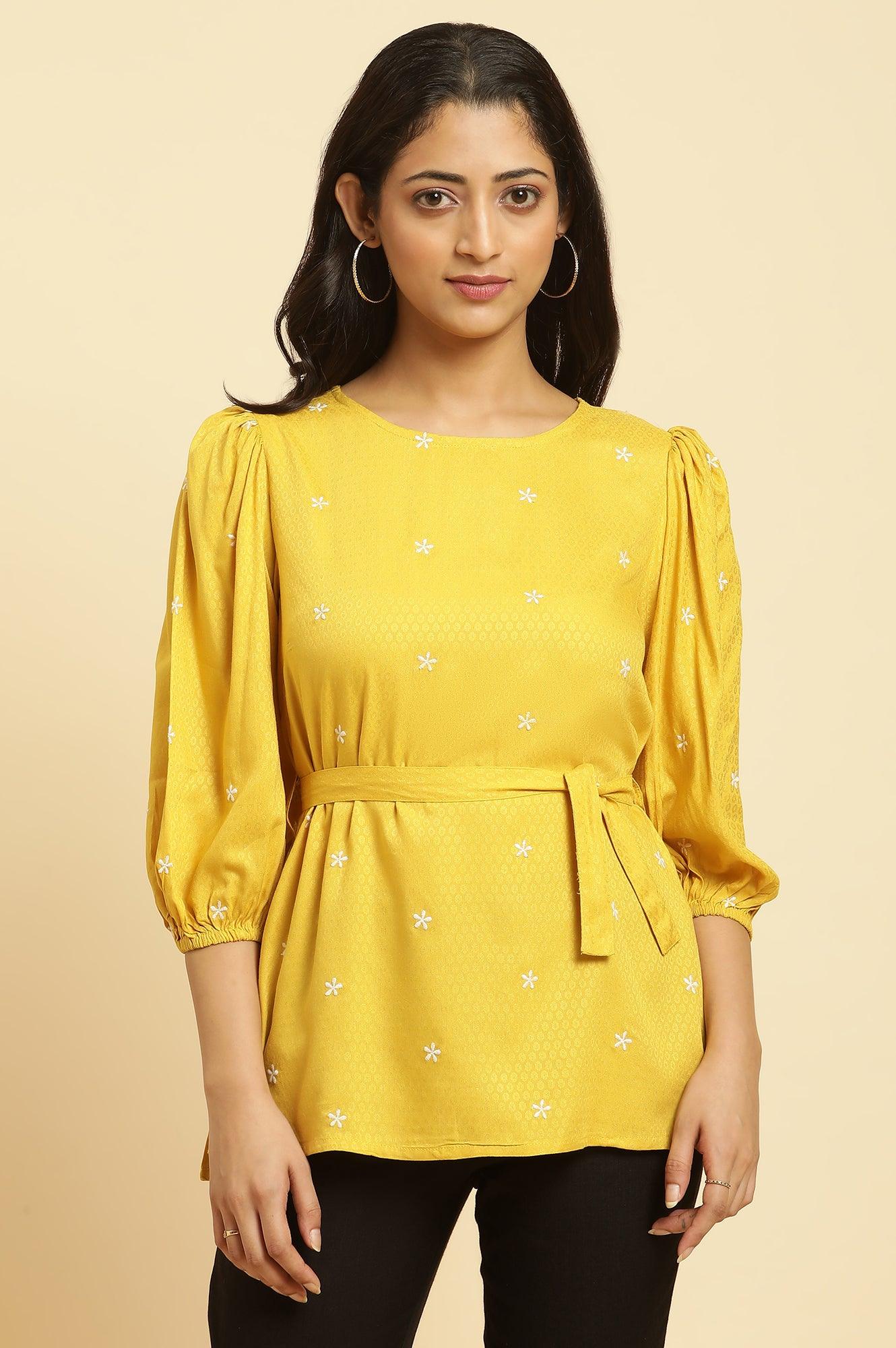 W for Woman Yellow Minimal Embroidered Western Top With Belt
