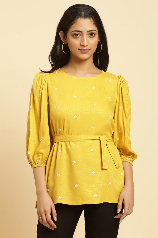 W for Woman Yellow Minimal Embroidered Western Top With Belt