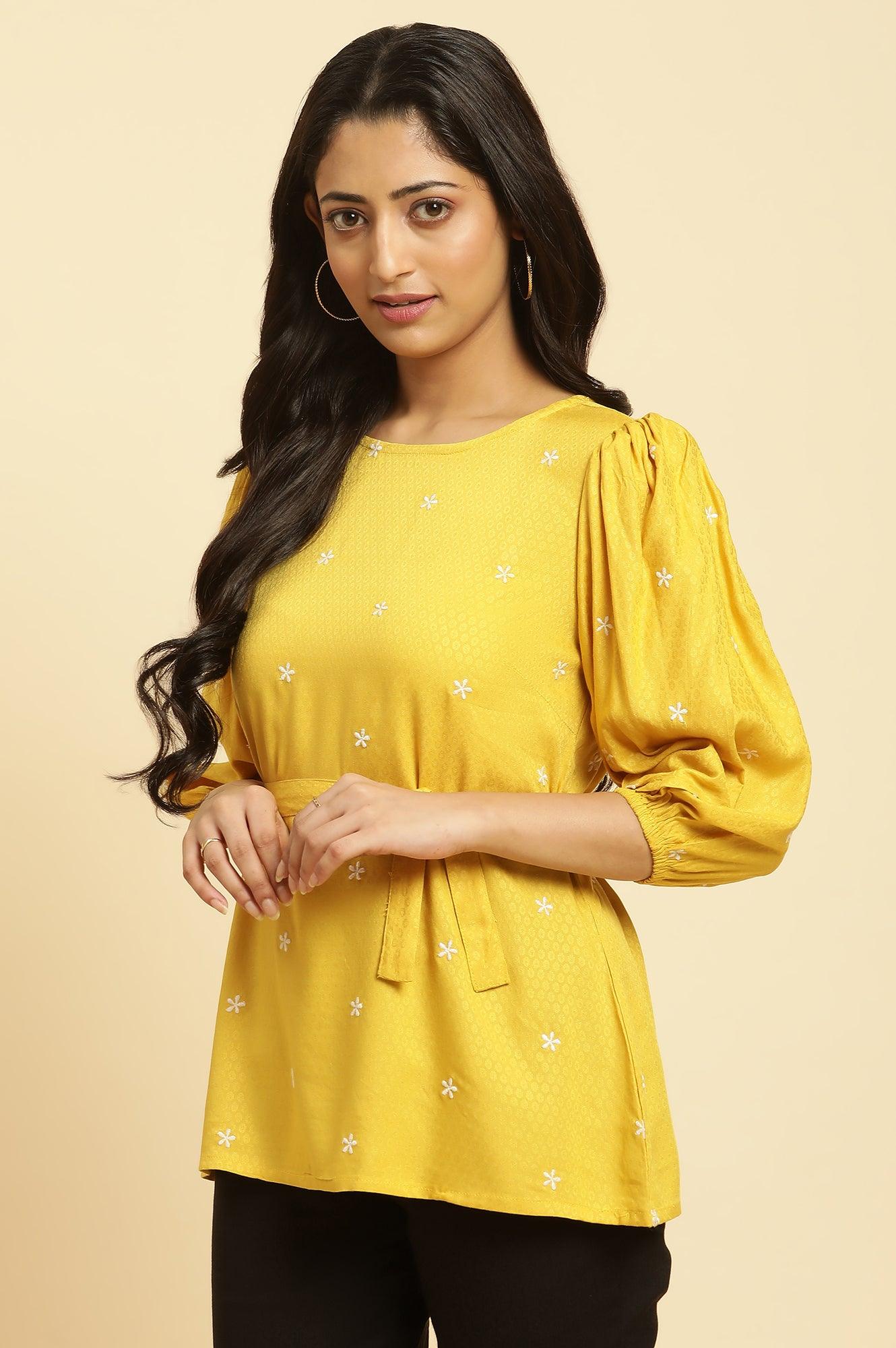 W for Woman Yellow Minimal Embroidered Western Top With Belt