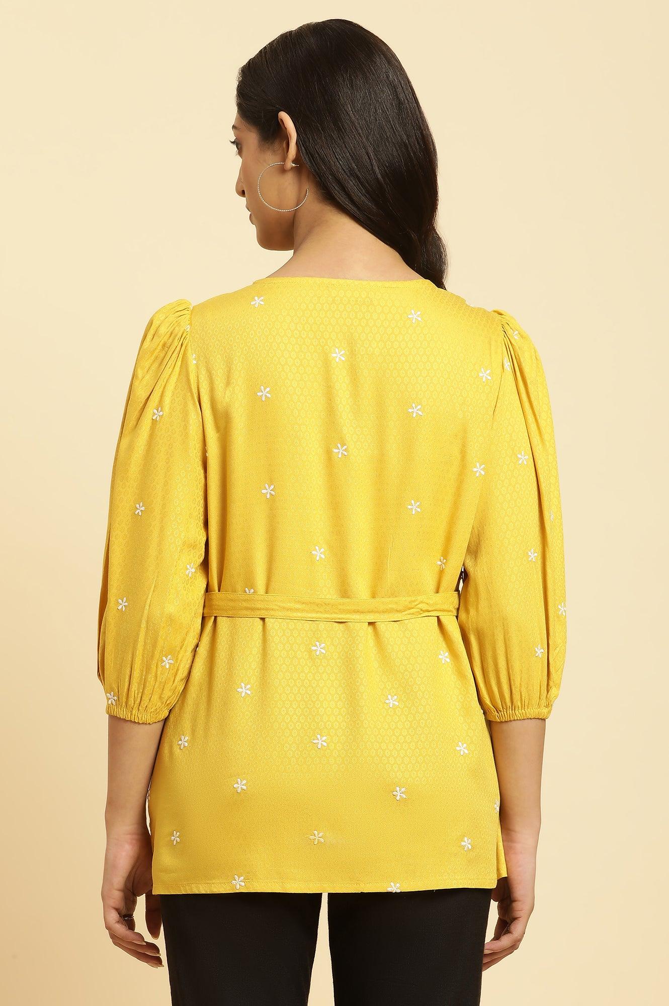 W for Woman Yellow Minimal Embroidered Western Top With Belt