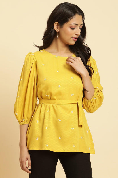 W for Woman Yellow Minimal Embroidered Western Top With Belt