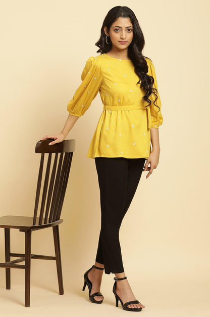 W for Woman Yellow Minimal Embroidered Western Top With Belt