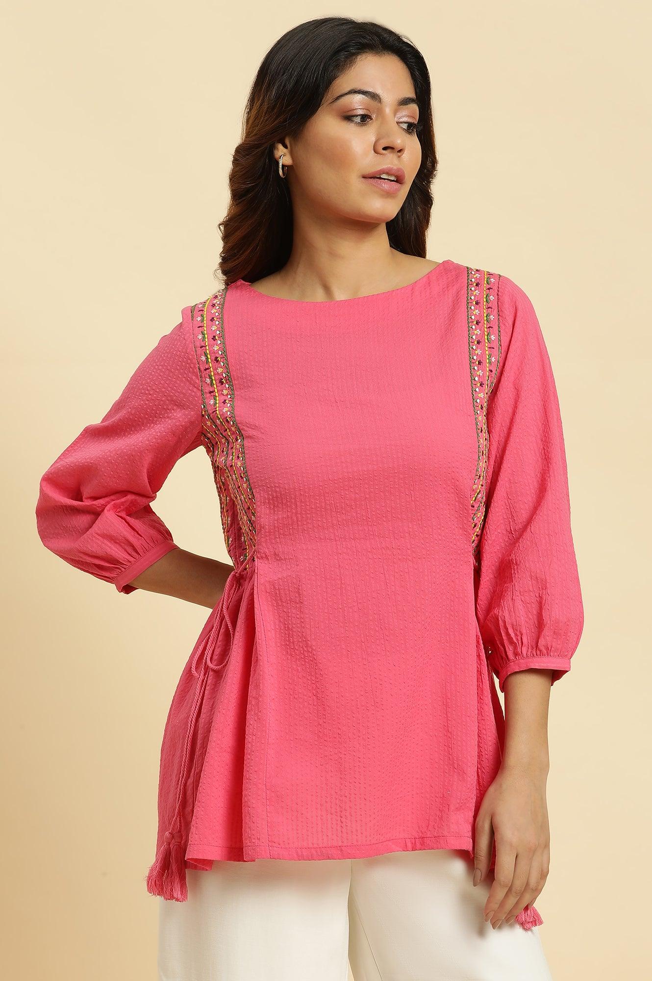 W for Woman Pink Embroidered Solid Side Tie-Up Straight Top