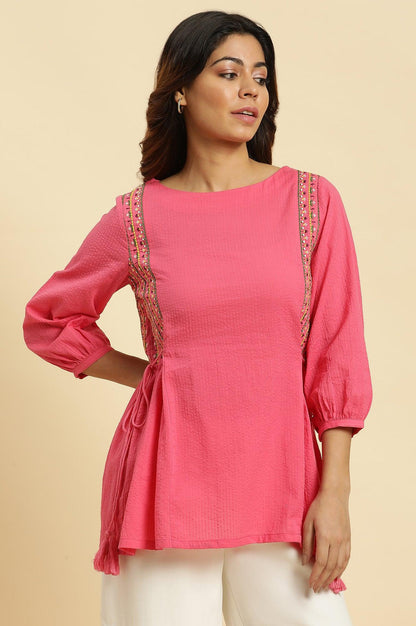 W for Woman Pink Embroidered Solid Side Tie-Up Straight Top