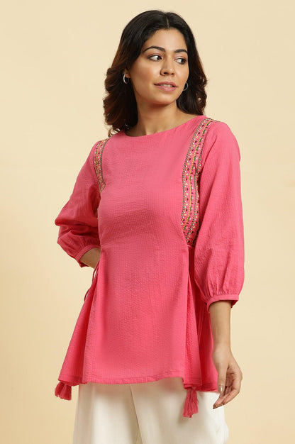 W for Woman Pink Embroidered Solid Side Tie-Up Straight Top