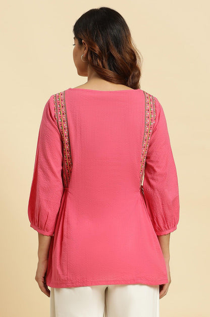 W for Woman Pink Embroidered Solid Side Tie-Up Straight Top