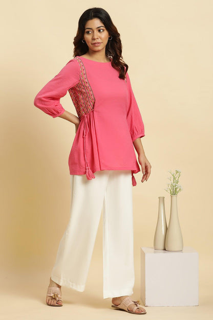 W for Woman Pink Embroidered Solid Side Tie-Up Straight Top
